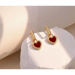 Heart Dangle Earrings Gold and Red/Black